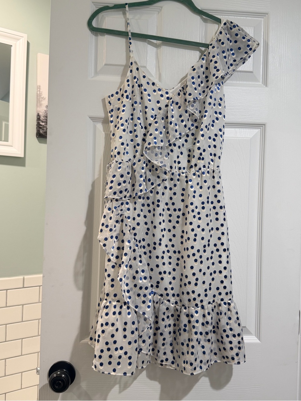 Lilly Pulitzer Madelina - White One-Shoulder Dress with Navy Blue Polka Dots